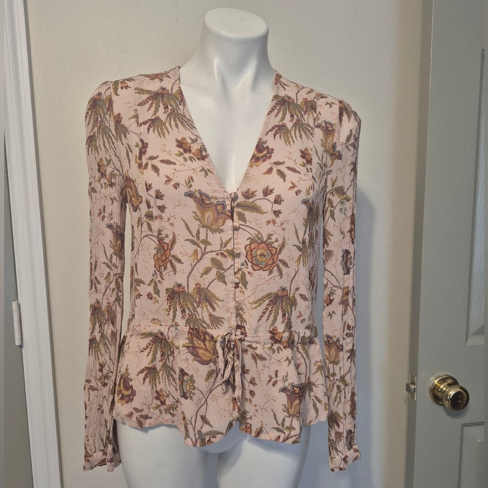 Paige Carmona Floral Semi Sheer Long Sleeve Silk Blouse(XS)